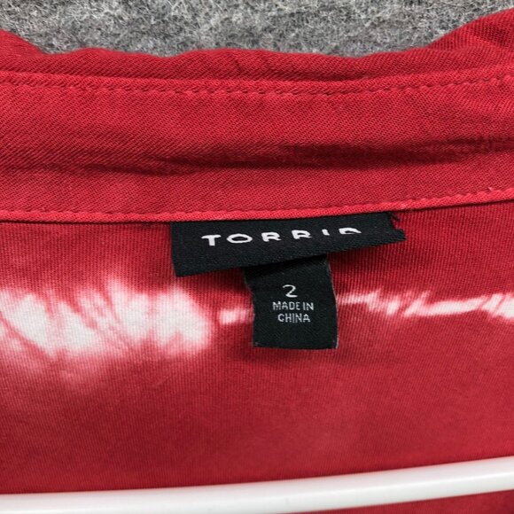 Torrid Twill Button Up Shirt Womens 2X Red White Tie Dye Long Sleeve Rayon - Picture 5 of 9